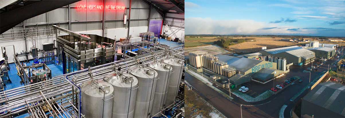 Imagen combinada por dentro y por fuera de la fabrica de Brewdog en Ellon, Escocia
